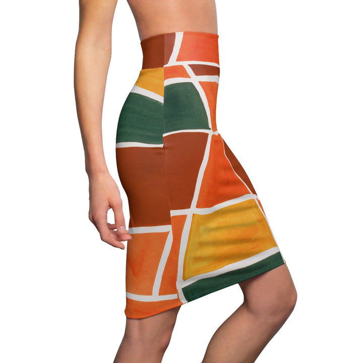 High Waist Womens Pencil Skirt - Contour Stretch - Orange Green Yellow Boho Pattern-2