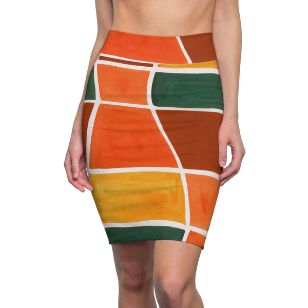 High Waist Womens Pencil Skirt - Contour Stretch - Orange Green Yellow Boho Pattern-0