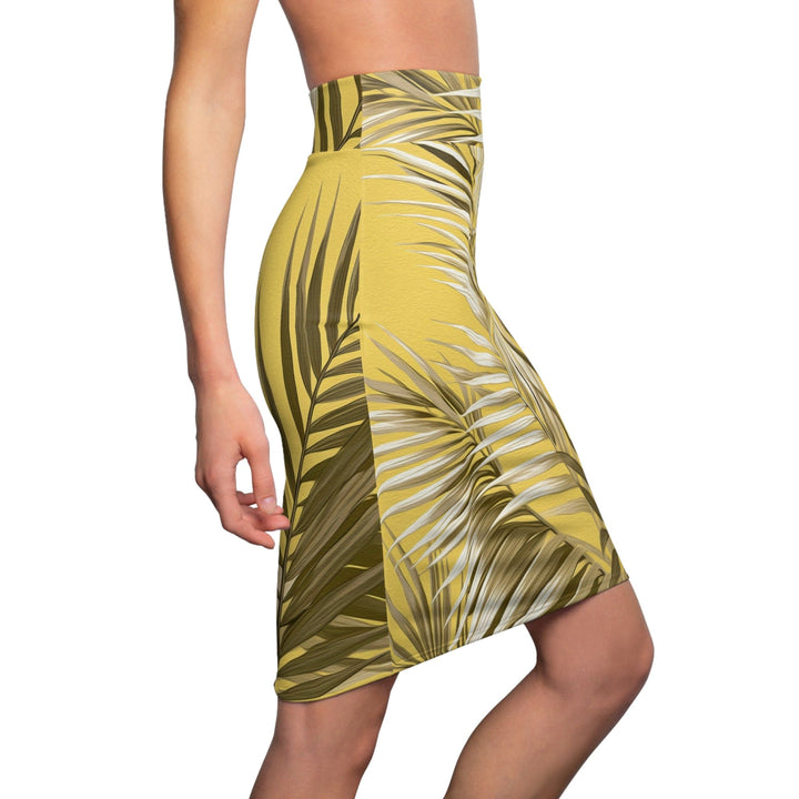 High Waist Womens Pencil Skirt - Contour Stretch - Palm Tree Brown and White Leaves with Yellow Background Minimalist Art-2