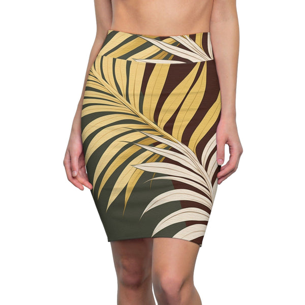 High Waist Womens Pencil Skirt - Contour Stretch - Palm Tree Leaves Green Burgundy Background Minimalist Art-0
