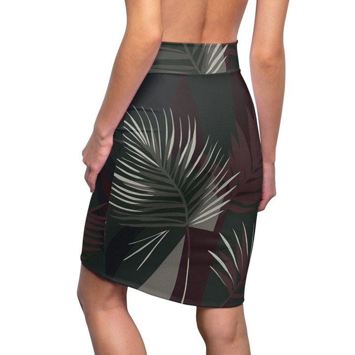 High Waist Womens Pencil Skirt - Contour Stretch - Palm Tree Leaves Maroon Green Background Minimalist Art-1