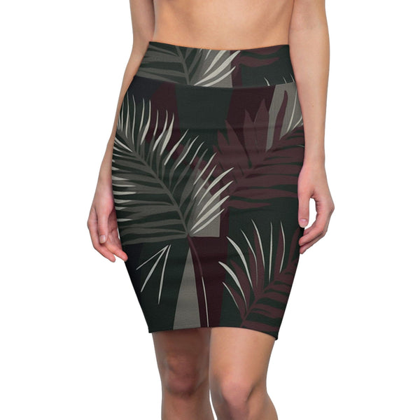 High Waist Womens Pencil Skirt - Contour Stretch - Palm Tree Leaves Maroon Green Background Minimalist Art-0