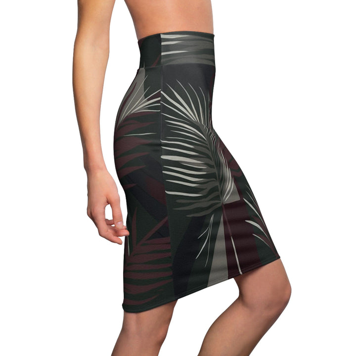 High Waist Womens Pencil Skirt - Contour Stretch - Palm Tree Leaves Maroon Green Background Minimalist Art-2
