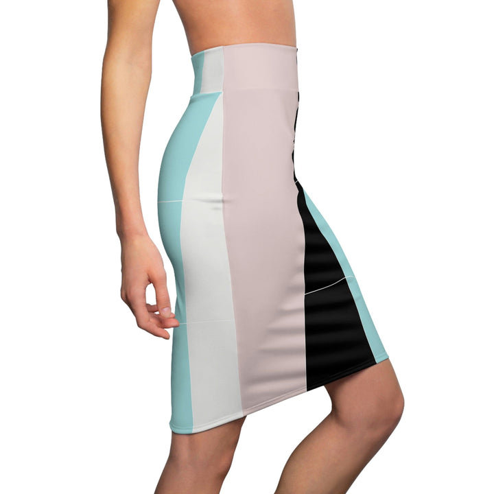 High Waist Womens Pencil Skirt - Contour Stretch - Pastel Colorblock Pink/black/blue-2
