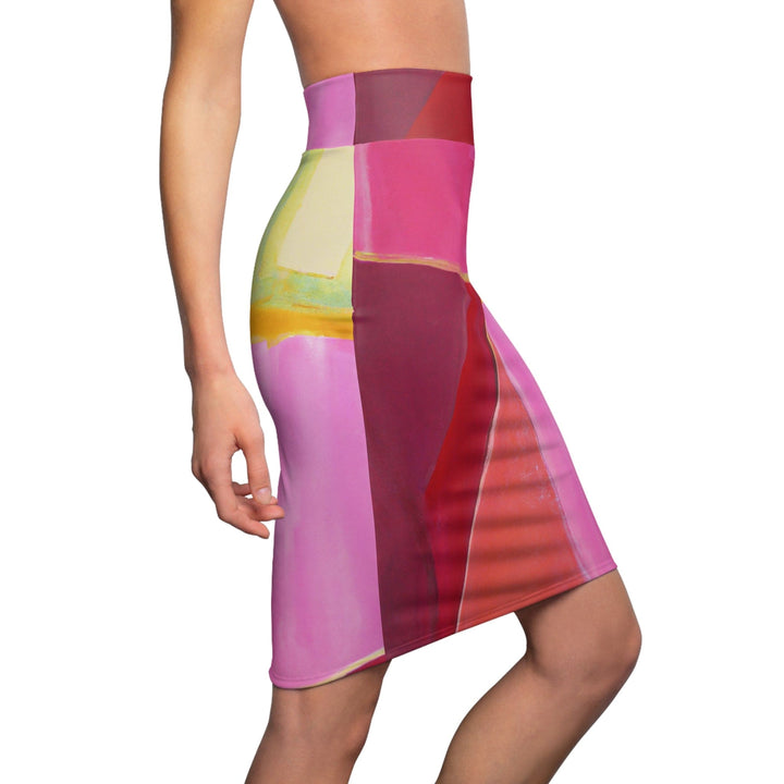 High Waist Womens Pencil Skirt - Contour Stretch - Pink Mauve Red Geometric Pattern-2