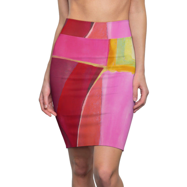 High Waist Womens Pencil Skirt - Contour Stretch - Pink Mauve Red Geometric Pattern-0