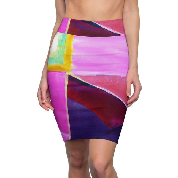 High Waist Womens Pencil Skirt - Contour Stretch - Pink Purple Red Geometric Pattern-0