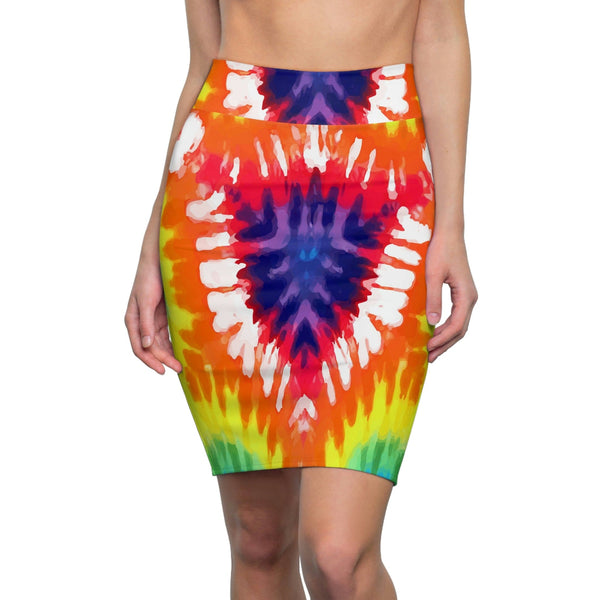 High Waist Womens Pencil Skirt - Contour Stretch - Psychedelic Rainbow Tie Dye-0