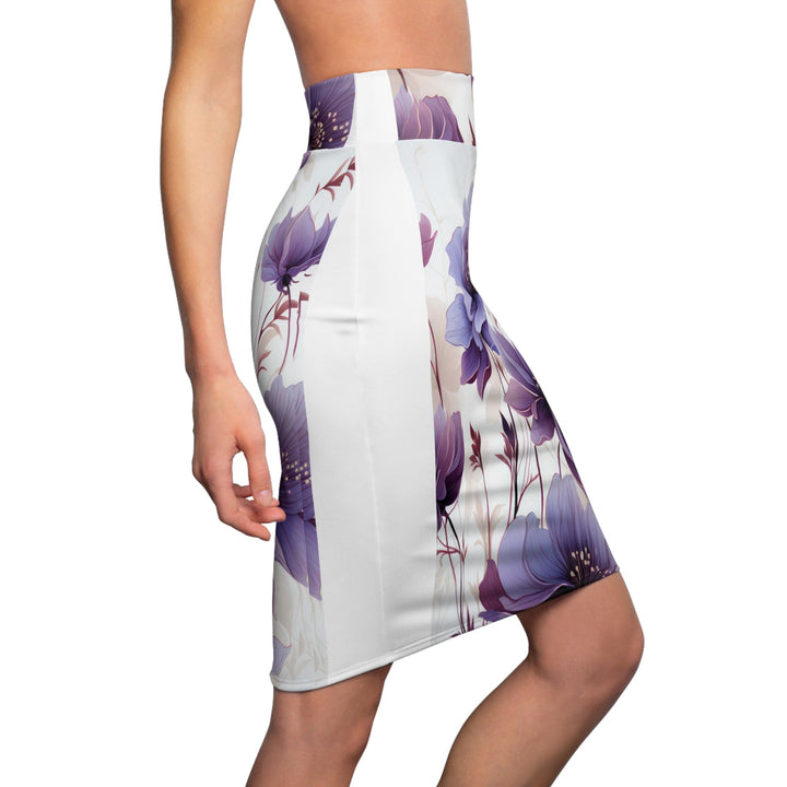 High Waist Womens Pencil Skirt - Contour Stretch - Purple and Violet Botanical Blooms: Floral Illustration-2