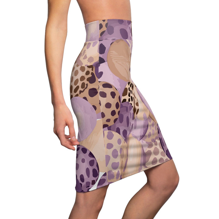 High Waist Womens Pencil Skirt - Contour Stretch - Purple Lavender and Brown Spotted Illustration-2