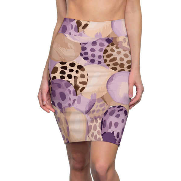High Waist Womens Pencil Skirt - Contour Stretch - Purple Lavender and Brown Spotted Illustration-0