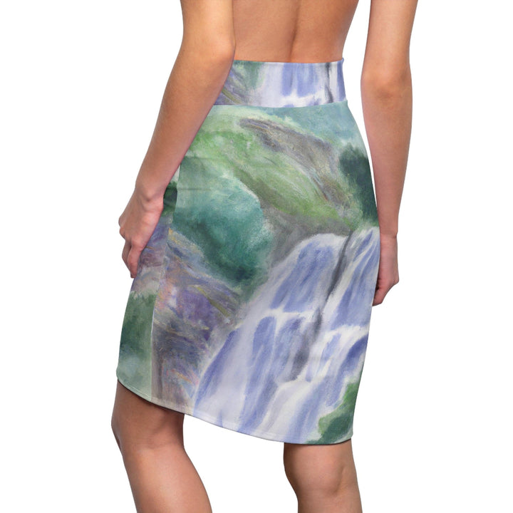 High Waist Womens Pencil Skirt - Contour Stretch - Purple Watercolor Waterfall Green Landscape Nature Print-1