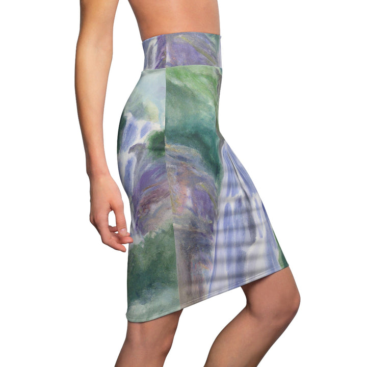 High Waist Womens Pencil Skirt - Contour Stretch - Purple Watercolor Waterfall Green Landscape Nature Print-2
