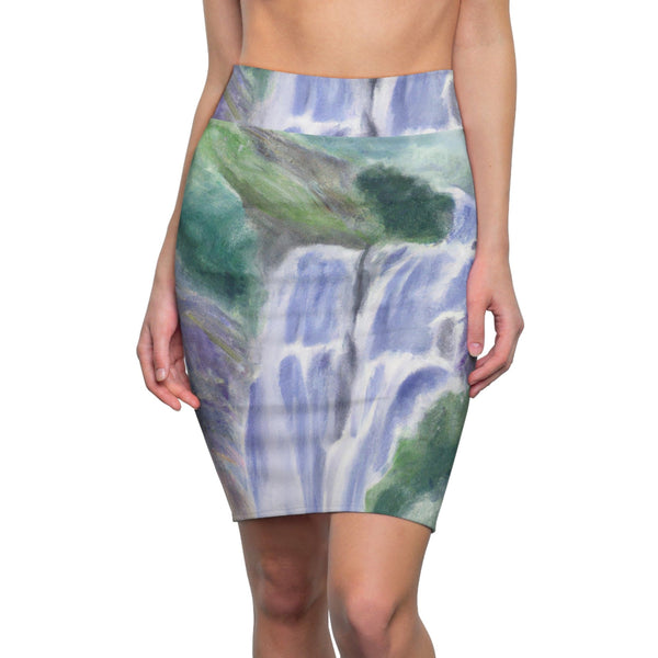 High Waist Womens Pencil Skirt - Contour Stretch - Purple Watercolor Waterfall Green Landscape Nature Print-0