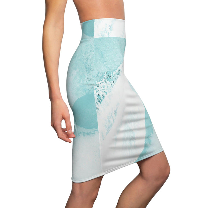 High Waist Womens Pencil Skirt - Contour Stretch - Subtle Abstract Ocean Blue and White Print-2