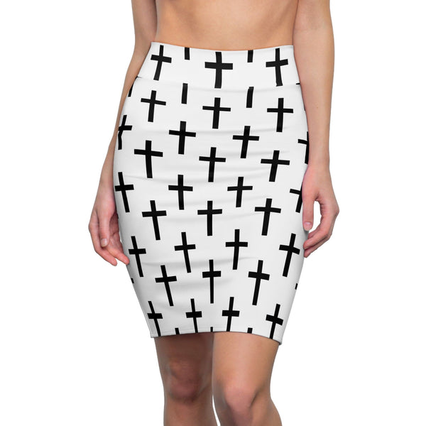 High Waist Womens Pencil Skirt - Contour Stretch - White and Black Seamless Cross Pattern-0