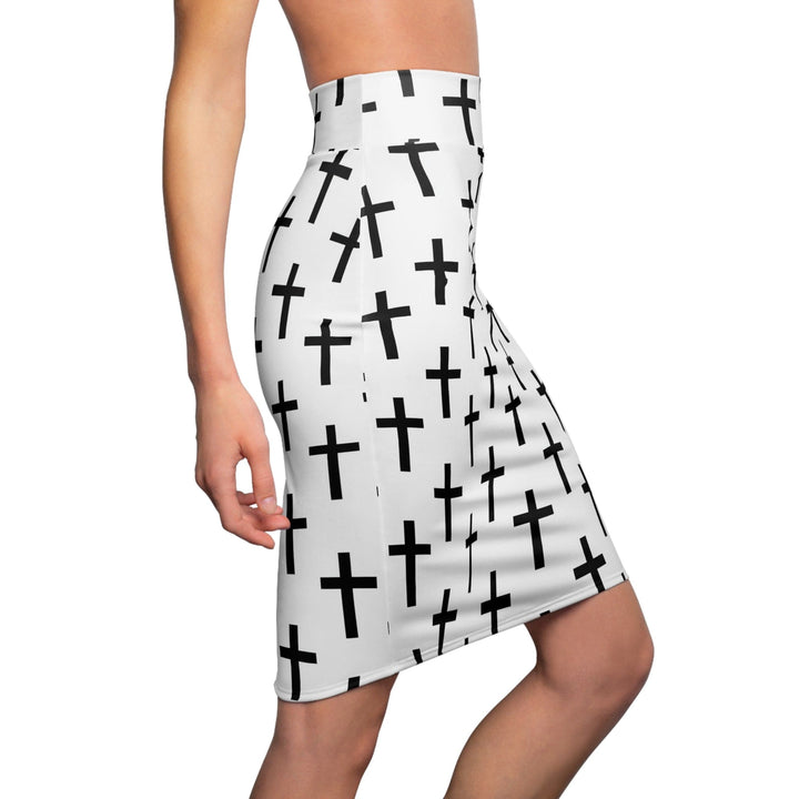 High Waist Womens Pencil Skirt - Contour Stretch - White and Black Seamless Cross Pattern-2