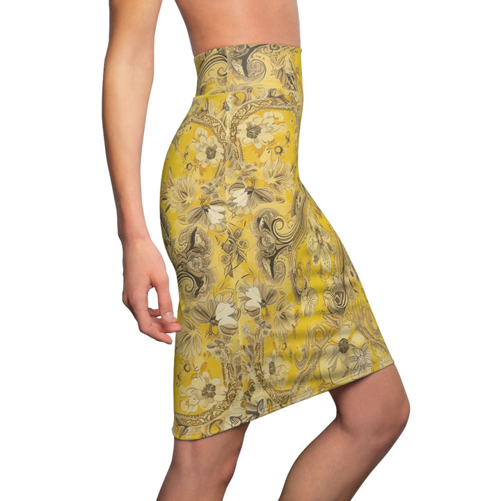 High Waist Womens Pencil Skirt - Contour Stretch - Yellow Floral Bandanna Illustration Pattern-2