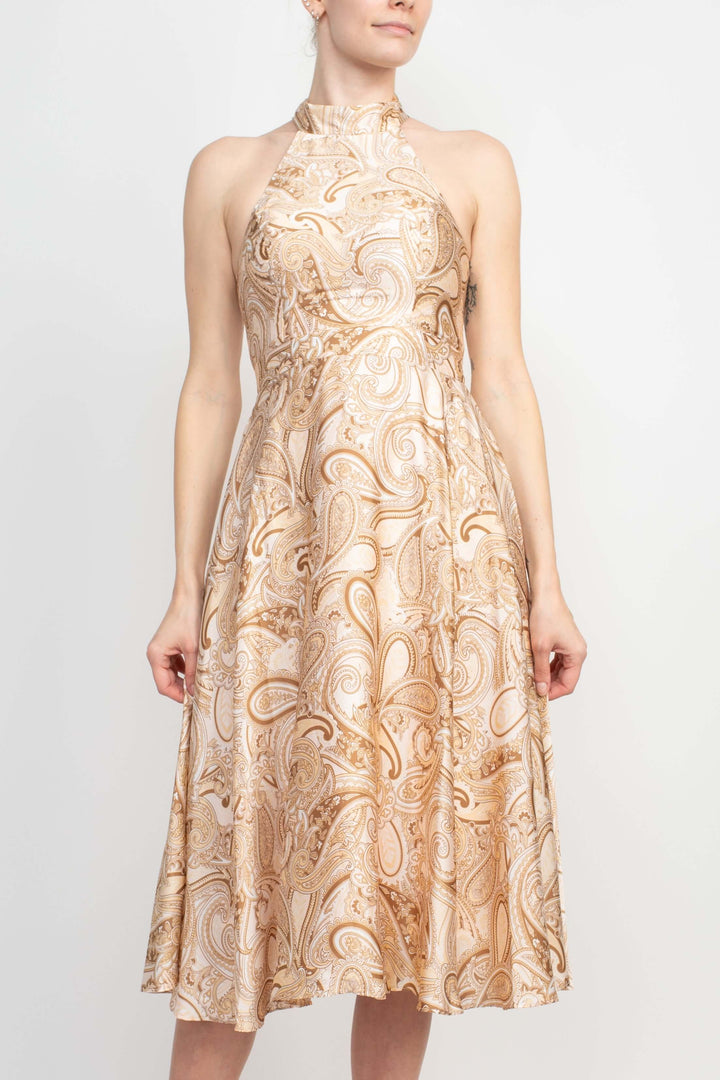 Laundry Tie Back Halter Neck Zipper Back Paisley Print Fit and Flare Satin Midi Dress-1