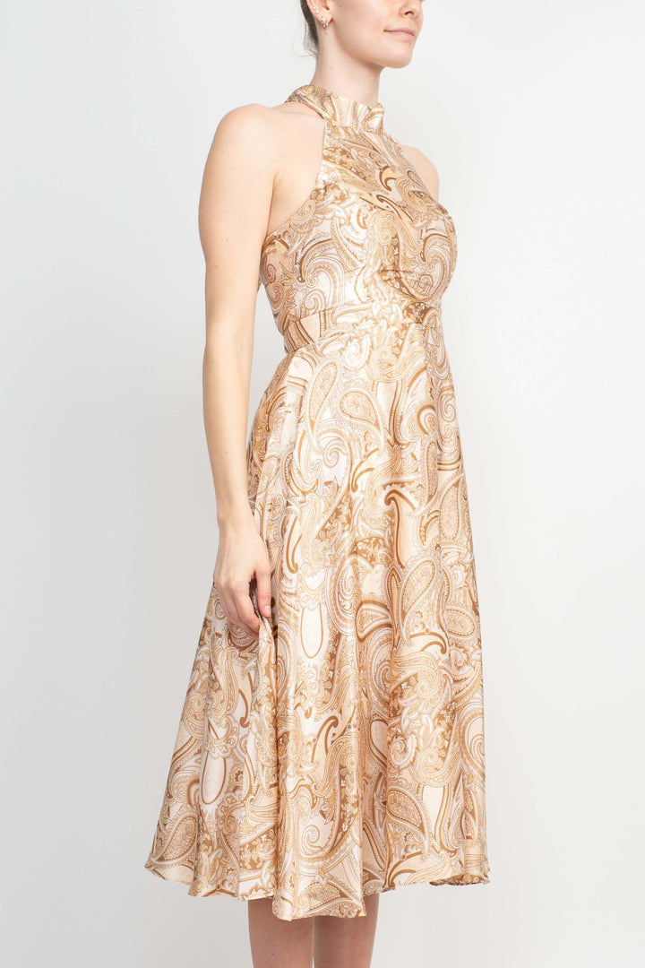 Laundry Tie Back Halter Neck Zipper Back Paisley Print Fit and Flare Satin Midi Dress-2