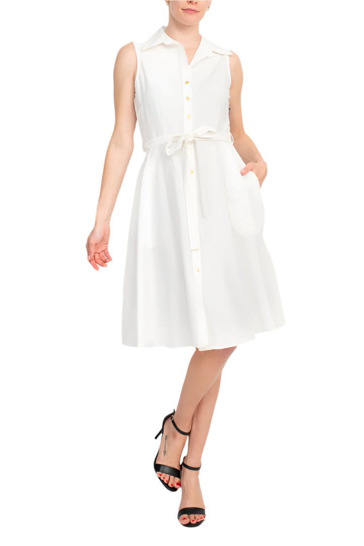Sharagano Collared Sleeveless Tie Waist Solid A-Line Rayon Dress-2