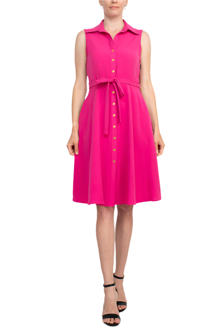 Sharagano Collared Sleeveless Tie Waist Solid A-Line Rayon Dress-3