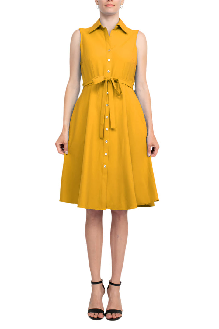 Sharagano Collared Sleeveless Tie Waist Solid A-Line Rayon Dress-4