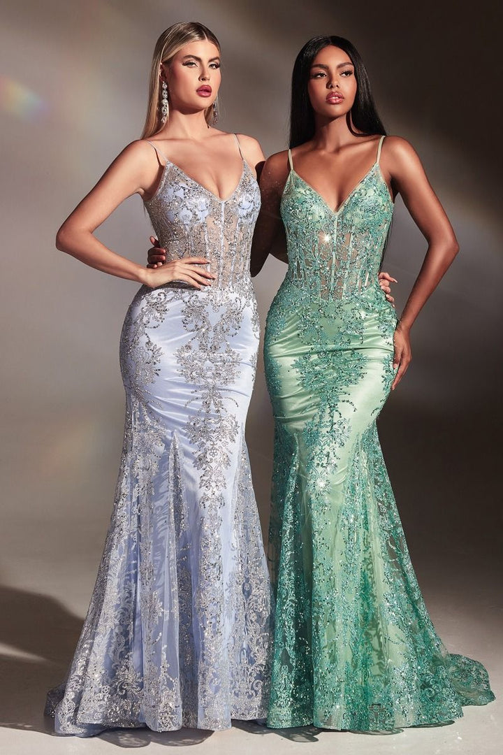 Fitted Floral Glitter Print Corset Gown-5