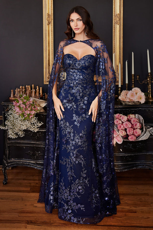 Strapless Fitted Lace Embellished Glitter Cape Sleeves Long Mother of Bride & Prom Dress CDJ834-5