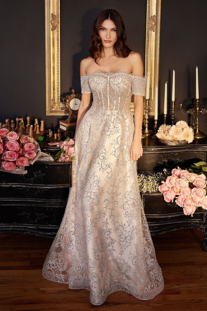 Off The Shoulder Sheer Sequin Bodice Appliqué A-Line Long Prom & Bridesmaid Dress CDJ835-2