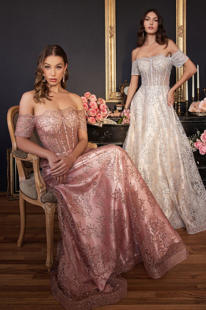 Off The Shoulder Sheer Sequin Bodice Appliqué A-Line Long Prom & Bridesmaid Dress CDJ835-3