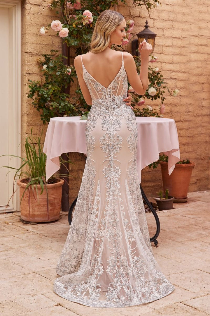 Fit & Flare Embellished Gliter Mermaid Open V-Back Long Wedding Dress CDJ859W-1