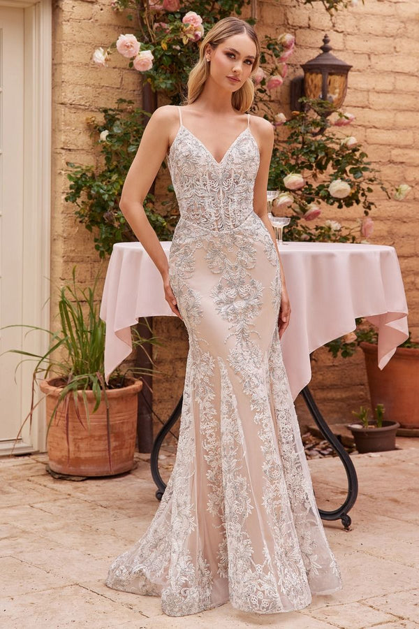 Fit & Flare Embellished Gliter Mermaid Open V-Back Long Wedding Dress CDJ859W-0