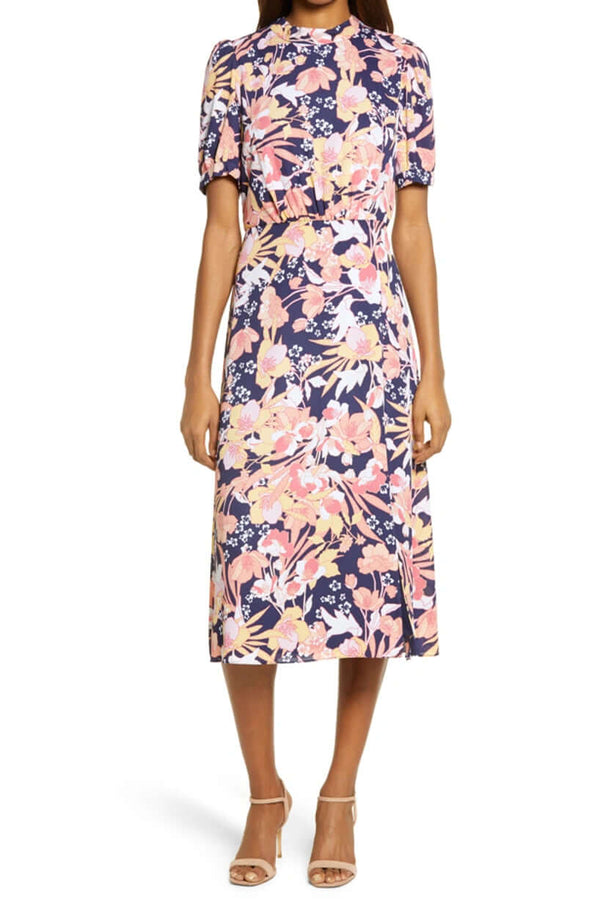 Julia Jordan High Neck Zipper Back Slit Side Floral Print Polyester Midi Dress-0