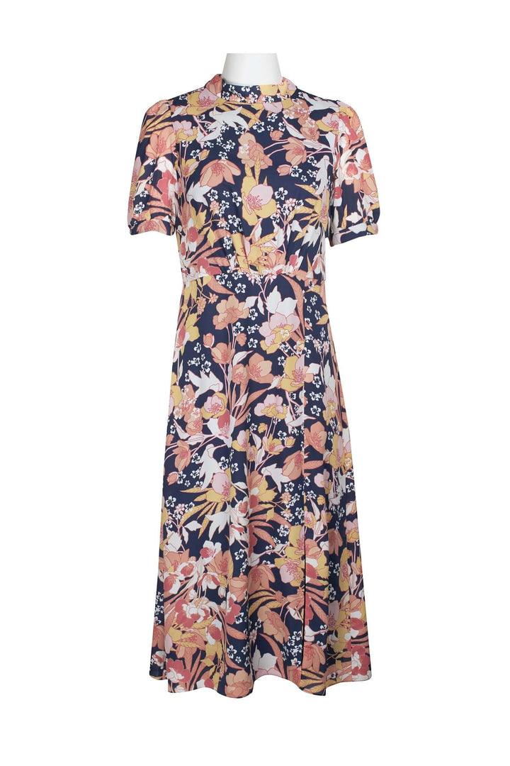 Julia Jordan High Neck Zipper Back Slit Side Floral Print Polyester Midi Dress-1