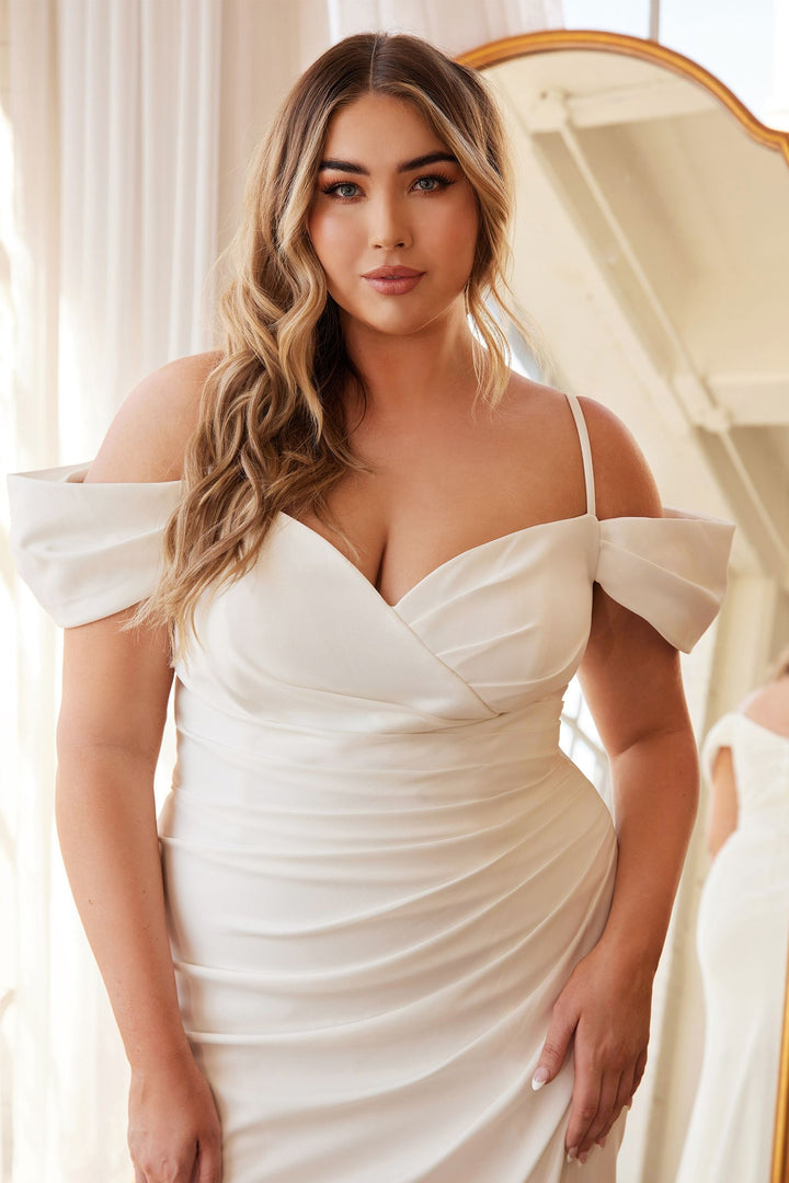 Off Shoulder Crepe Bodice High Leg Slit Off White Plus Size Long Wedding Dress CDKV1057WC-2