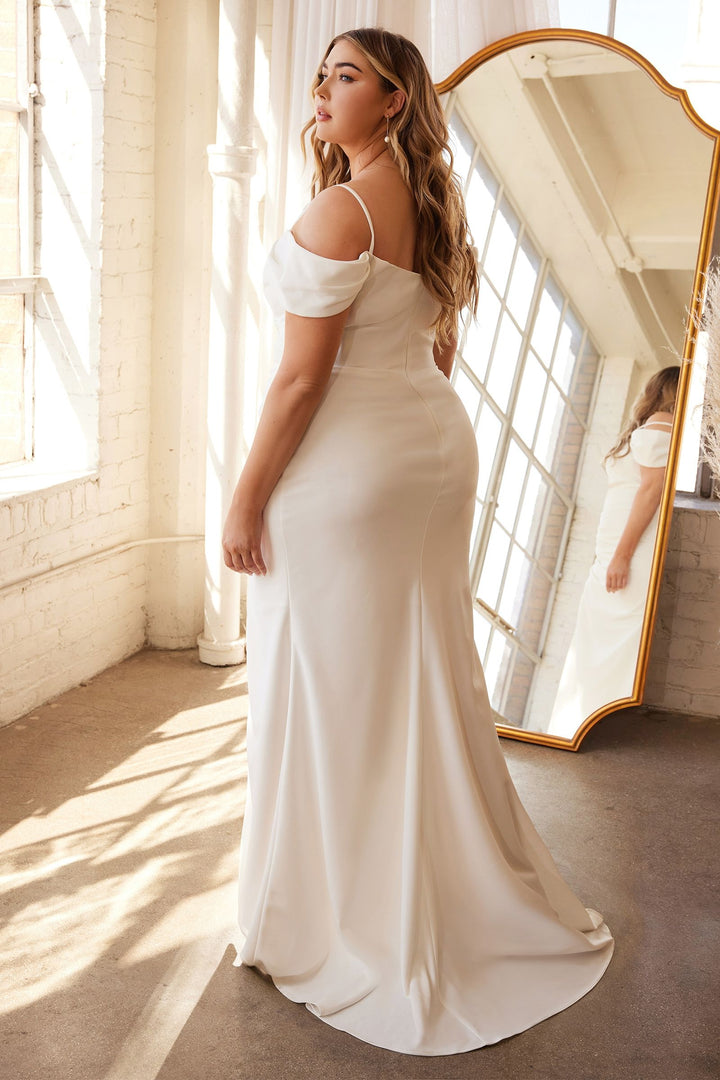 Off Shoulder Crepe Bodice High Leg Slit Off White Plus Size Long Wedding Dress CDKV1057WC-1