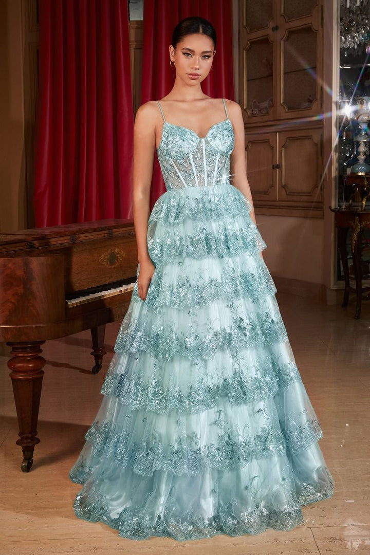 Layered Embellished Sequin A-Line Long Ball Dress CDKV1108-1
