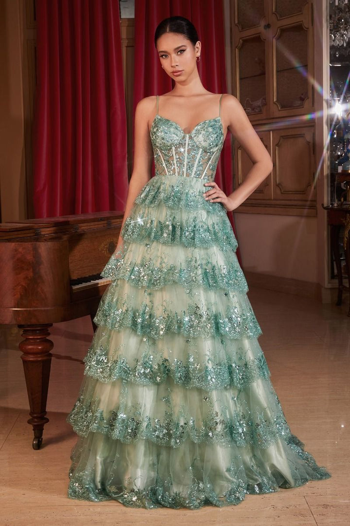 Layered Embellished Sequin A-Line Long Ball Dress CDKV1108-2