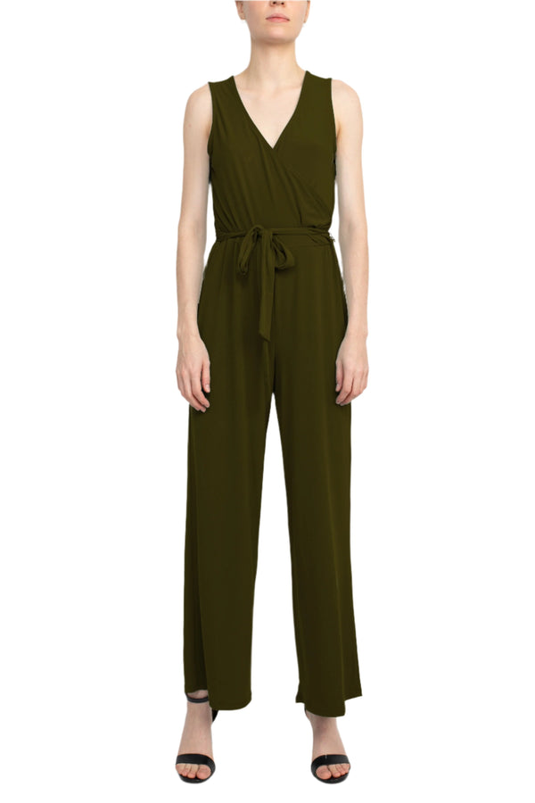 Nina Leonard V- Neck Back Zipper Sleeveless Front Tie Waist Jersey Jumpsuit-0