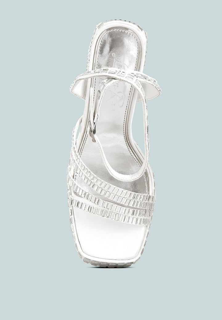 Lustrous Mirror Embellished Flare Block Heel Sandals-4