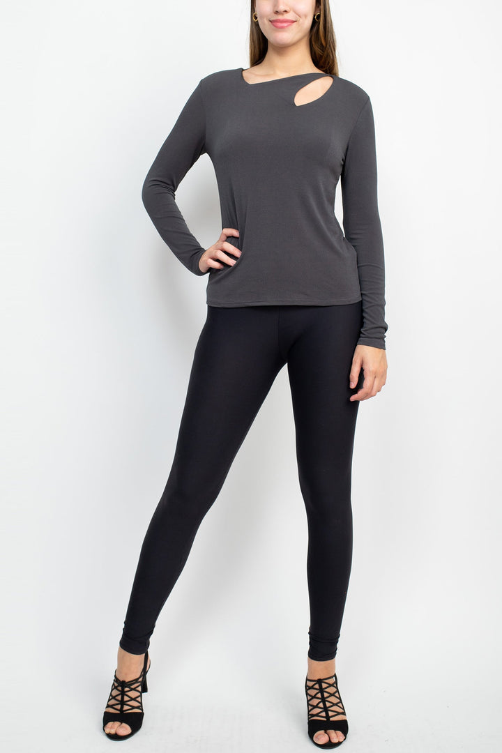 Catherine Malandrino Asymmetrical Cutout Neck Long Sleeve Solid Crepe Top-3