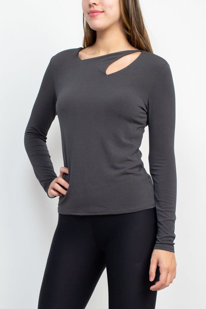 Catherine Malandrino Asymmetrical Cutout Neck Long Sleeve Solid Crepe Top-1