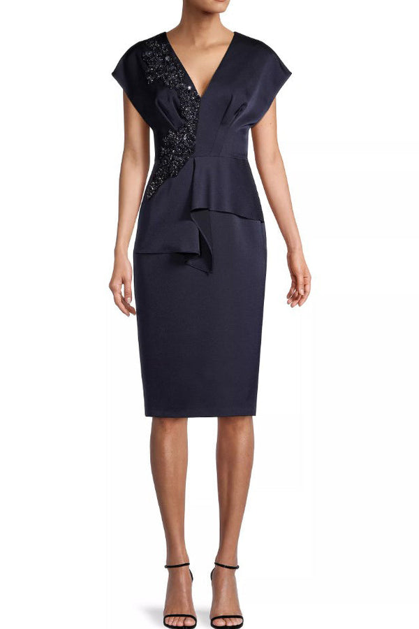 Aidan Mattox Sequin Lace Applique V-Neck Cap Sleeve Peplum Satin Dress-0