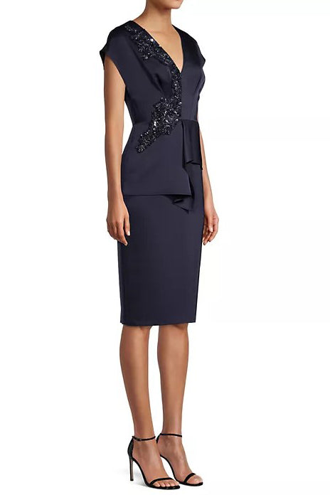 Aidan Mattox Sequin Lace Applique V-Neck Cap Sleeve Peplum Satin Dress-1