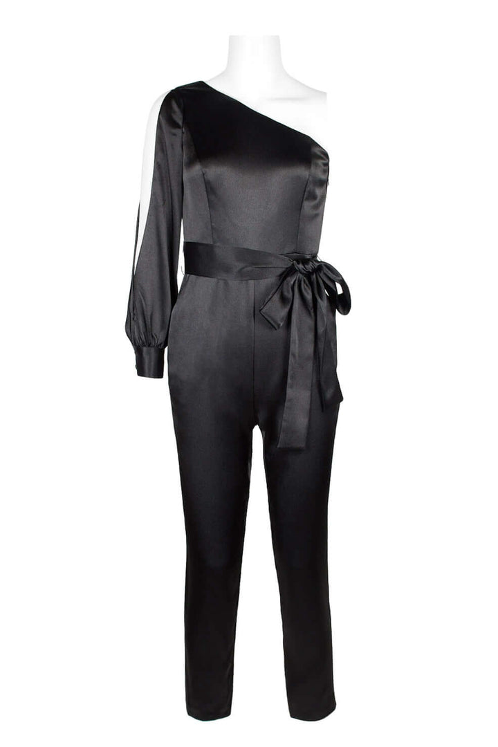 Aidan by Aidan Mattox Asymmetrical Shoulder Slit Long Sleeve Tie Side Functional Pocket Concealed Ziipper Side Satin Jumpsuit-2