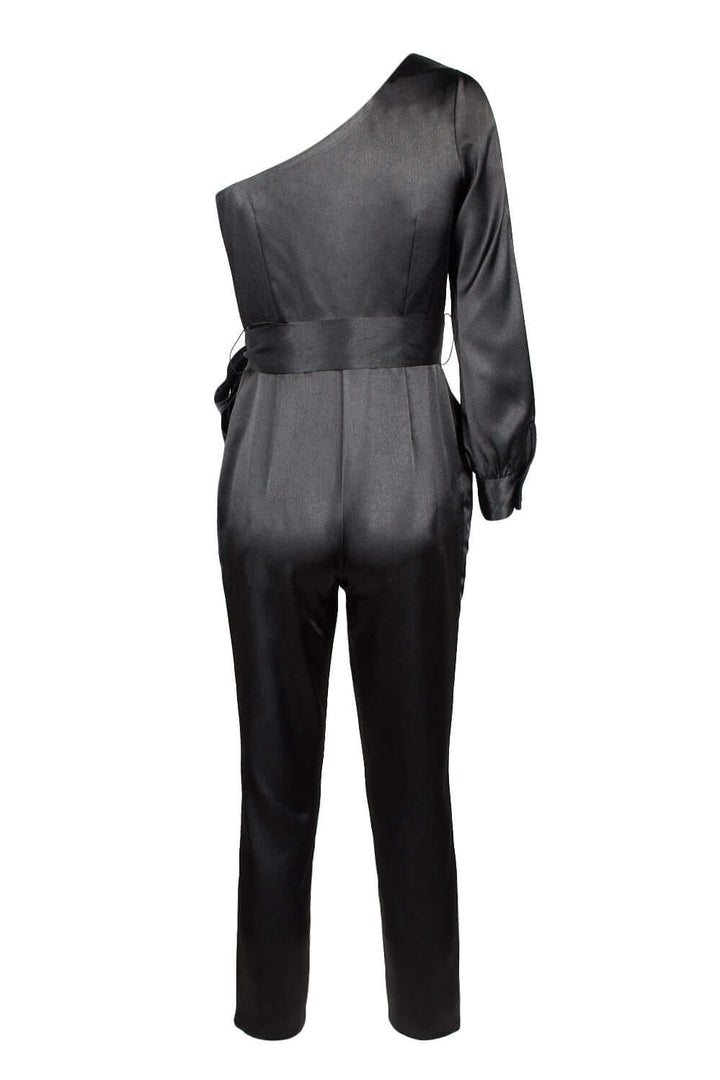 Aidan by Aidan Mattox Asymmetrical Shoulder Slit Long Sleeve Tie Side Functional Pocket Concealed Ziipper Side Satin Jumpsuit-3