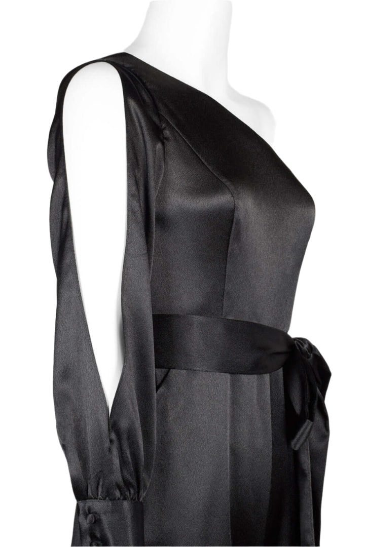Aidan by Aidan Mattox Asymmetrical Shoulder Slit Long Sleeve Tie Side Functional Pocket Concealed Ziipper Side Satin Jumpsuit-4