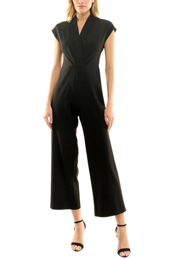 Nicole Miller V-Neck Cap Sleeve Gathered Front Solid Scuba Jumpsuit-0