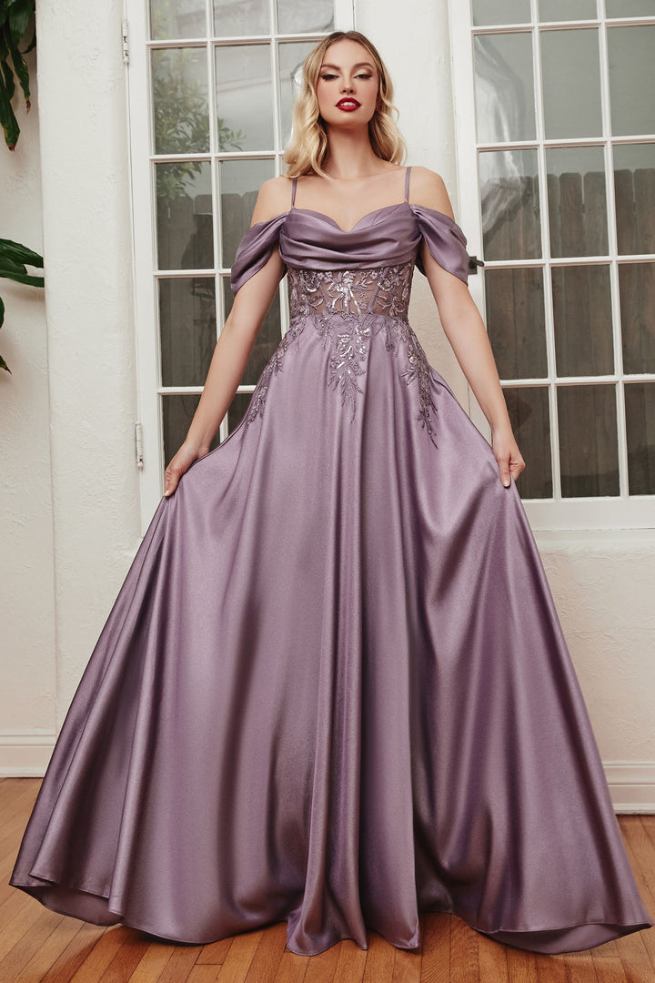 Satin Off The shoulder Sweetheart Neck Bodice A-Line Long Prom & Bridesmaid Dress CDOC012-3